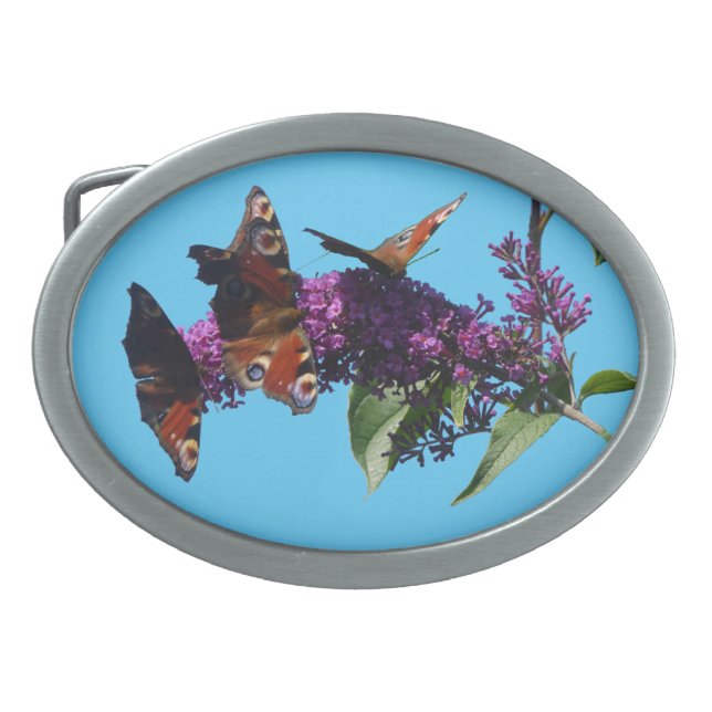 Peacock Butterflies on Buddleja Belt Buckle (Front)