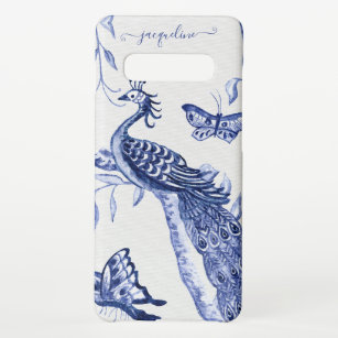 Peacock Butterfly Chinese Navy Blue White Vintage  Samsung Galaxy S10+ Case