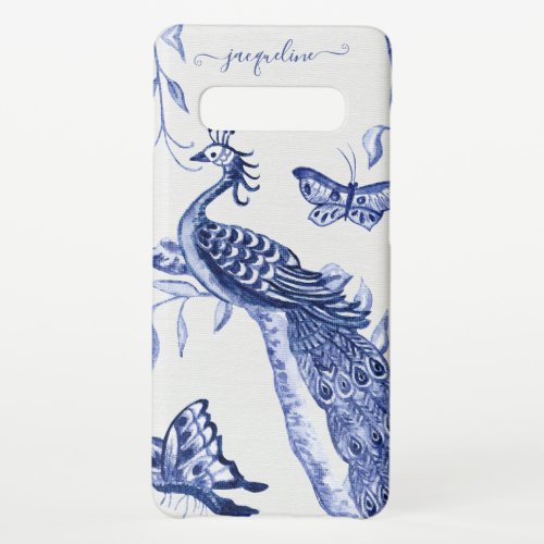 Peacock Butterfly Chinese Navy Blue White Vintage  Samsung Galaxy S10 Case