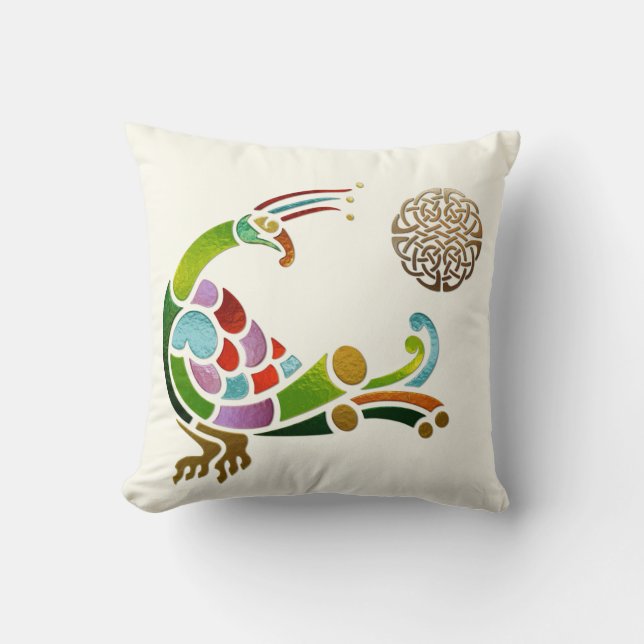 Peacock Celtic Deco Jeweled Throw Pillow (Front)