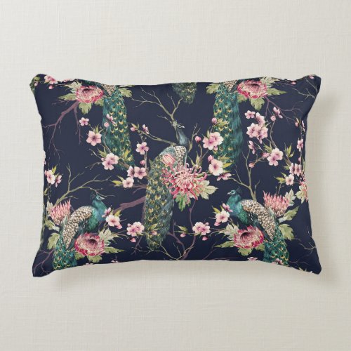 Peacock Cherry Tree Watercolor Pattern Accent Pillow