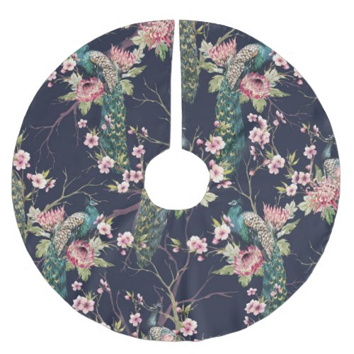 Peacock Cherry Tree Watercolor Pattern Brushed Polyester Tree Skirt