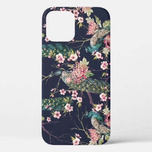Peacock Cherry Tree Watercolor Pattern iPhone 12 Case