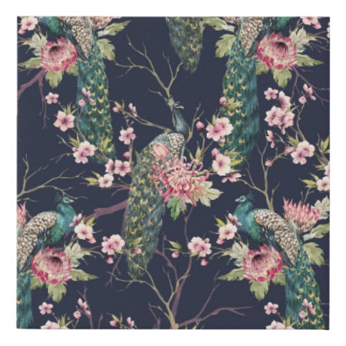 Peacock Cherry Tree Watercolor Pattern Faux Canvas Print