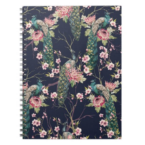 Peacock Cherry Tree Watercolor Pattern Notebook