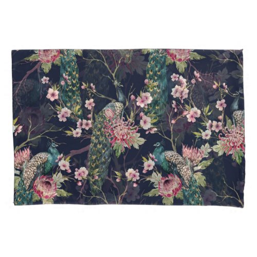 Peacock Cherry Tree Watercolor Pattern Pillow Case