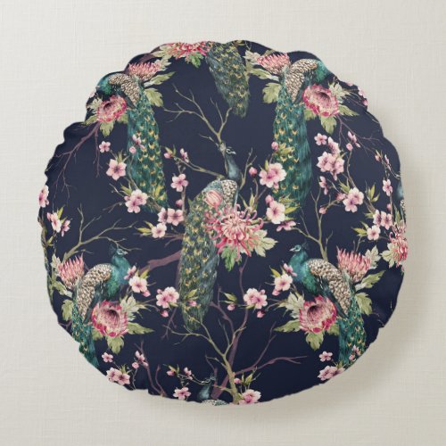 Peacock Cherry Tree Watercolor Pattern Round Pillow