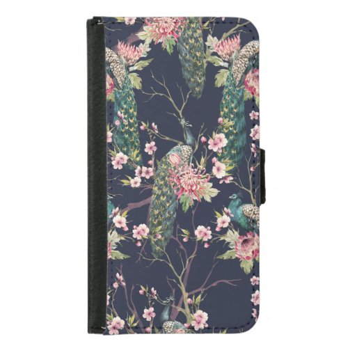 Peacock Cherry Tree Watercolor Pattern Samsung Galaxy S5 Wallet Case