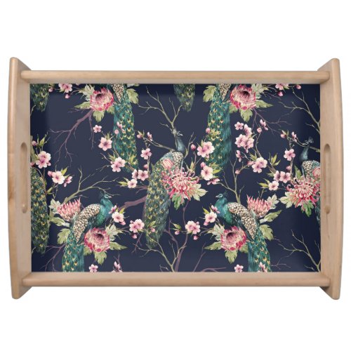Peacock Cherry Tree Watercolor Pattern Serving Tray