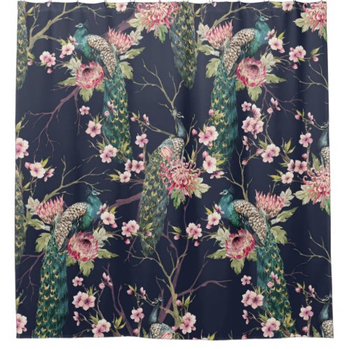 Peacock Cherry Tree Watercolor Pattern Shower Curtain