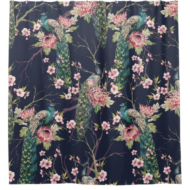 Peacock Cherry Tree, Watercolor Pattern. Shower Curtain (Front)