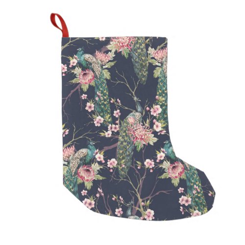 Peacock Cherry Tree Watercolor Pattern Small Christmas Stocking