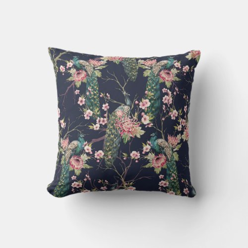 Peacock Cherry Tree Watercolor Pattern Throw Pillow