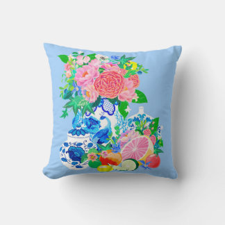 Peacock Chinoiserie vase with peonies and roses T Throw Pillow