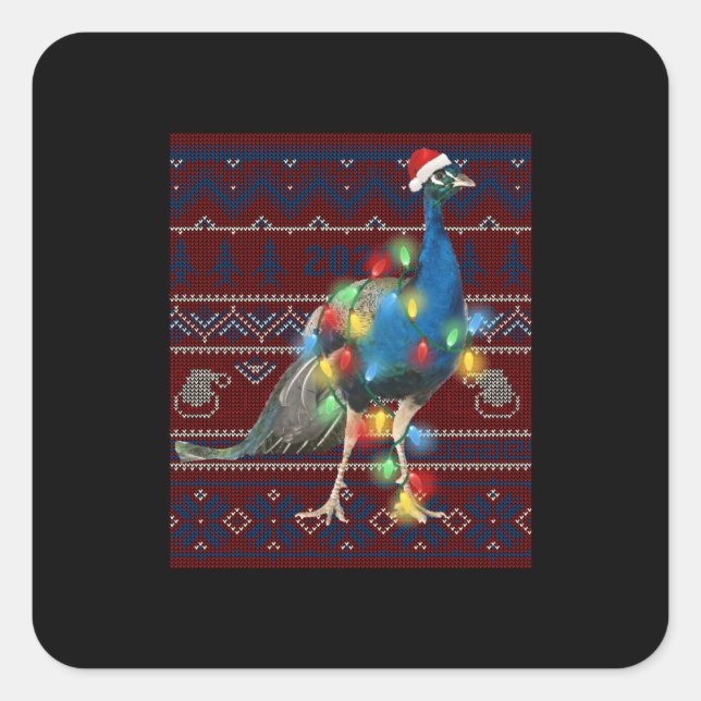 Peacock Christmas Lights Ugly Sweater Goat Lover Square Sticker (Front)