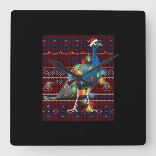 Peacock Christmas Lights Ugly Sweater Goat Lover Square Wall Clock