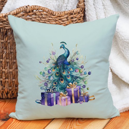 Peacock Christmas Purple Blue Teal Throw Pillow