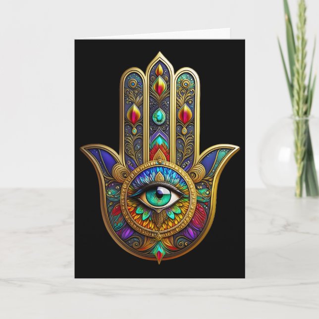 Peacock Color Flower Petals Hamsa Green Third Eye Card (Front)