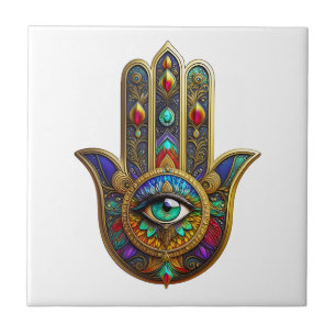 Peacock Color Flower Petals Hamsa Green Third Eye Ceramic Tile