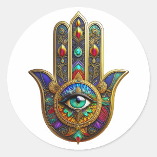 Peacock Color Flower Petals Hamsa Green Third Eye Classic Round Sticker