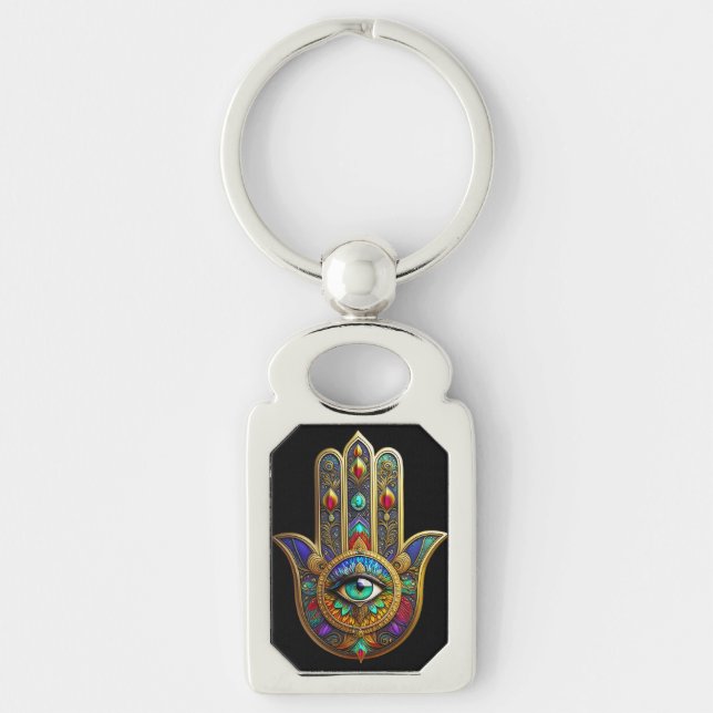 Peacock Color Flower Petals Hamsa Green Third Eye Keychain (Front)