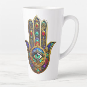 Peacock Color Flower Petals Hamsa Green Third Eye Latte Mug
