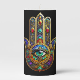 Peacock Color Flower Petals Hamsa Green Third Eye Pillar Candle