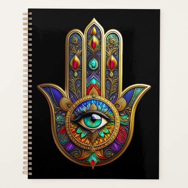Peacock Color Flower Petals Hamsa Green Third Eye Planner (Front)