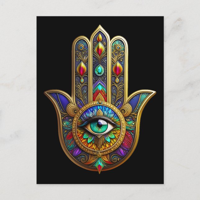 Peacock Color Flower Petals Hamsa Green Third Eye Postcard (Front)