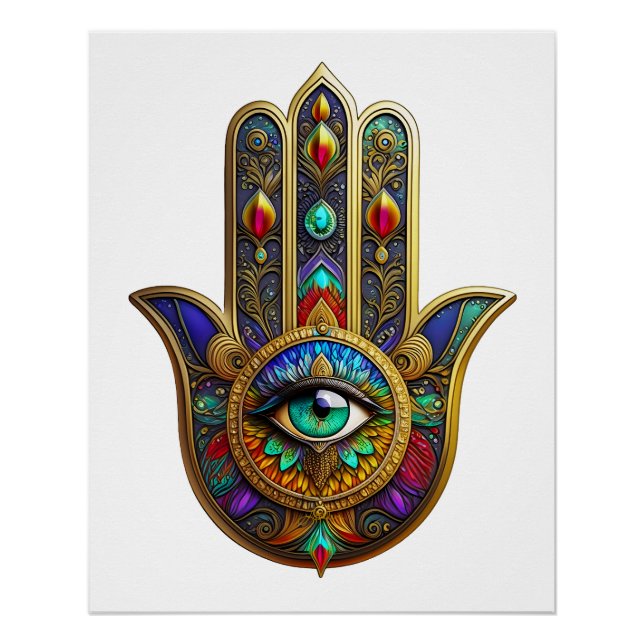 Peacock Color Flower Petals Hamsa Green Third Eye Poster (Front)