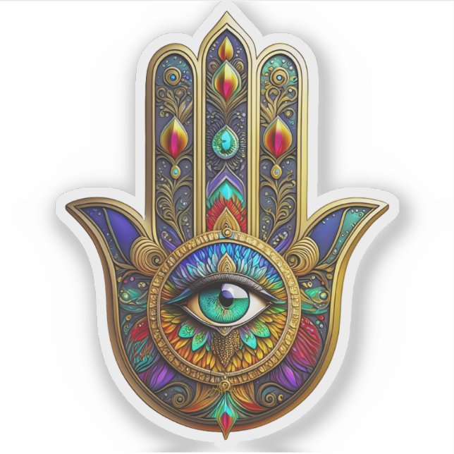 Peacock Color Flower Petals Hamsa Green Third Eye Sticker (Front)