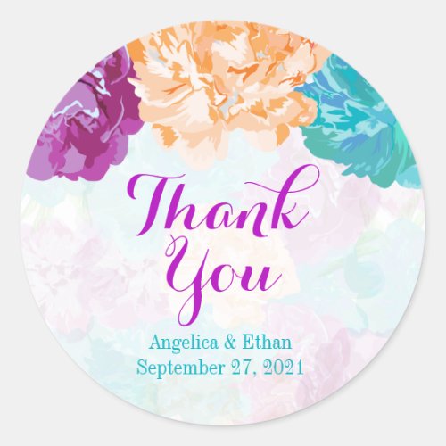 Peacock Colored Flowers Thank You Stickers