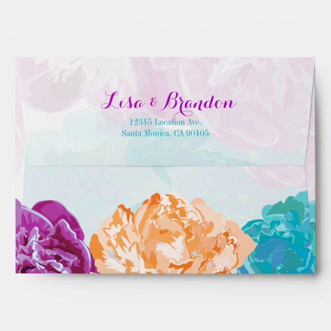 Peacock Colored Flowers Wedding Envelope (Back (Top Flap))