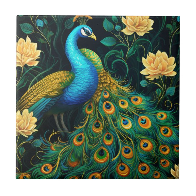 Peacock Colorful Blue Illustration Ceramic Tile (Front)