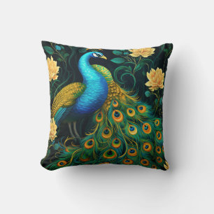 Peacock Colorful Blue Illustration Throw Pillow