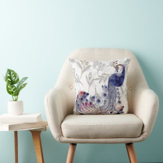 Peacock Colorful Flowers and Leaves Throw Pillow