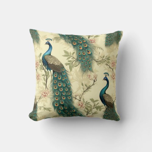 Peacock Colorful Vintage Watercolor Illustration Throw Pillow