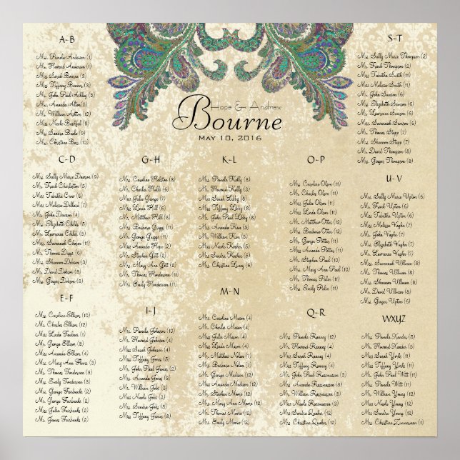 Peacock Colors - 100 to 150 guests - alphabetical Poster (Front)