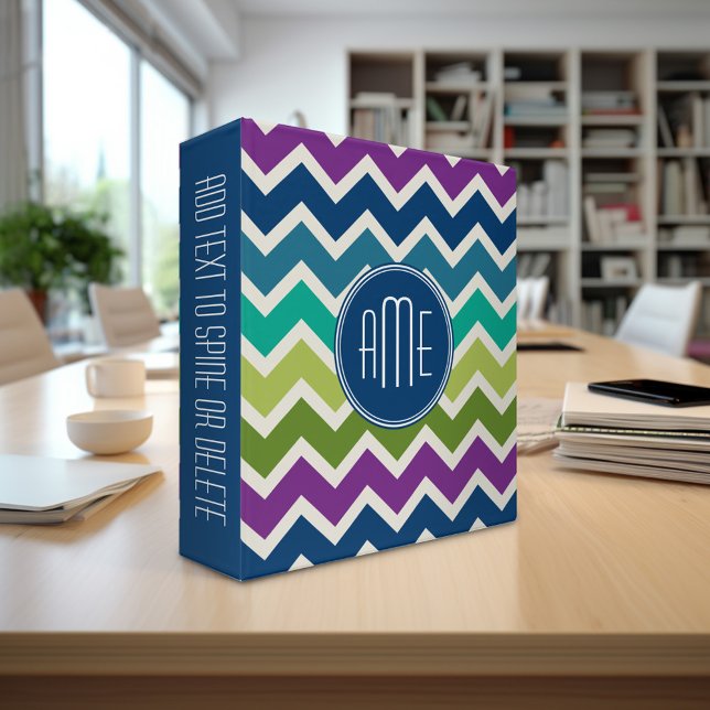 Peacock Colors Chevron Pattern Custom Monograms Binder (Personalized binder - add your monogram or other text)