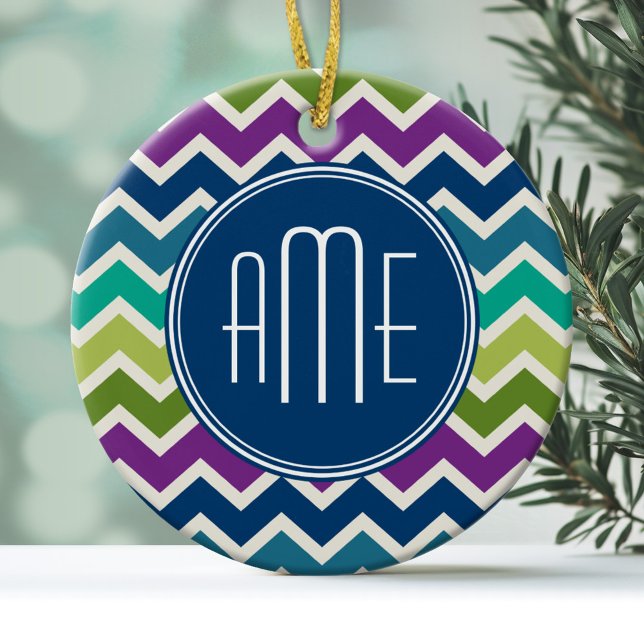 Peacock Colors Chevron Pattern Custom Monograms Ceramic Ornament (Personalized Ornament)