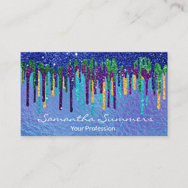 Peacock Colors Glitter Drips Iridescent Business Card (Front)