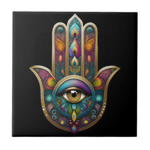 Peacock Colors Hamsa w/ Gold Third Eye Ceramic Tile