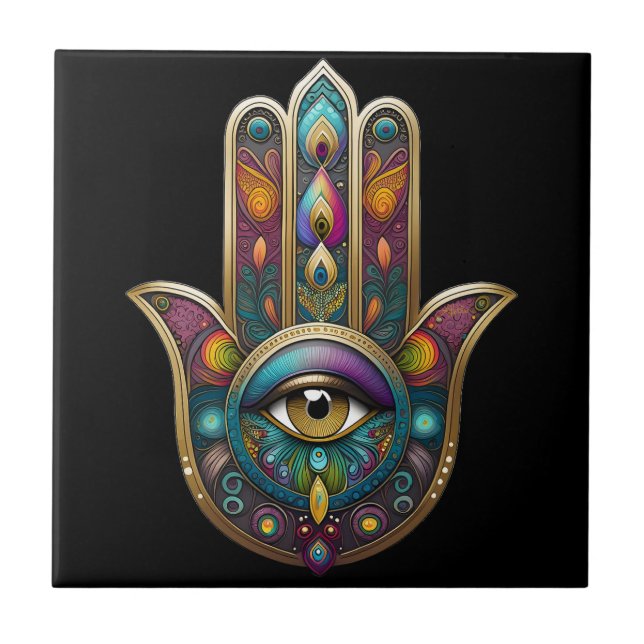 Peacock Colors Hamsa w/ Gold Third Eye Ceramic Tile (Front)