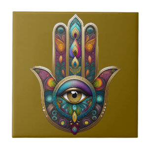 Peacock Colors Hamsa w/ Gold Third Eye Ceramic Tile