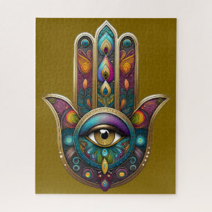 Peacock Colors Hamsa w/ Gold Third Eye Jigsaw Puzzle