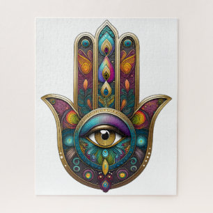 Peacock Colors Hamsa w/ Gold Third Eye Jigsaw Puzzle