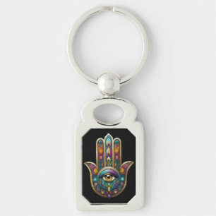Peacock Colors Hamsa w/ Gold Third Eye Keychain