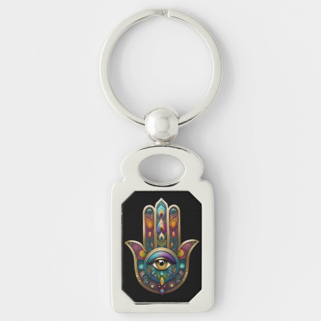 Peacock Colors Hamsa w/ Gold Third Eye Keychain (Front)
