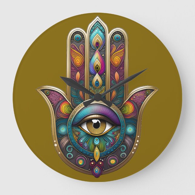 Peacock Colors Hamsa w/ Gold Third Eye Large Clock (Front)