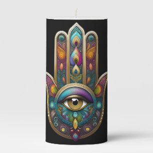 Peacock Colors Hamsa w/ Gold Third Eye Pillar Candle